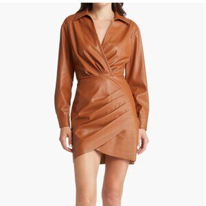 NWT Saylor Romania Long Sleeve Faux Leather Shirtdress in Cognac Brown XS